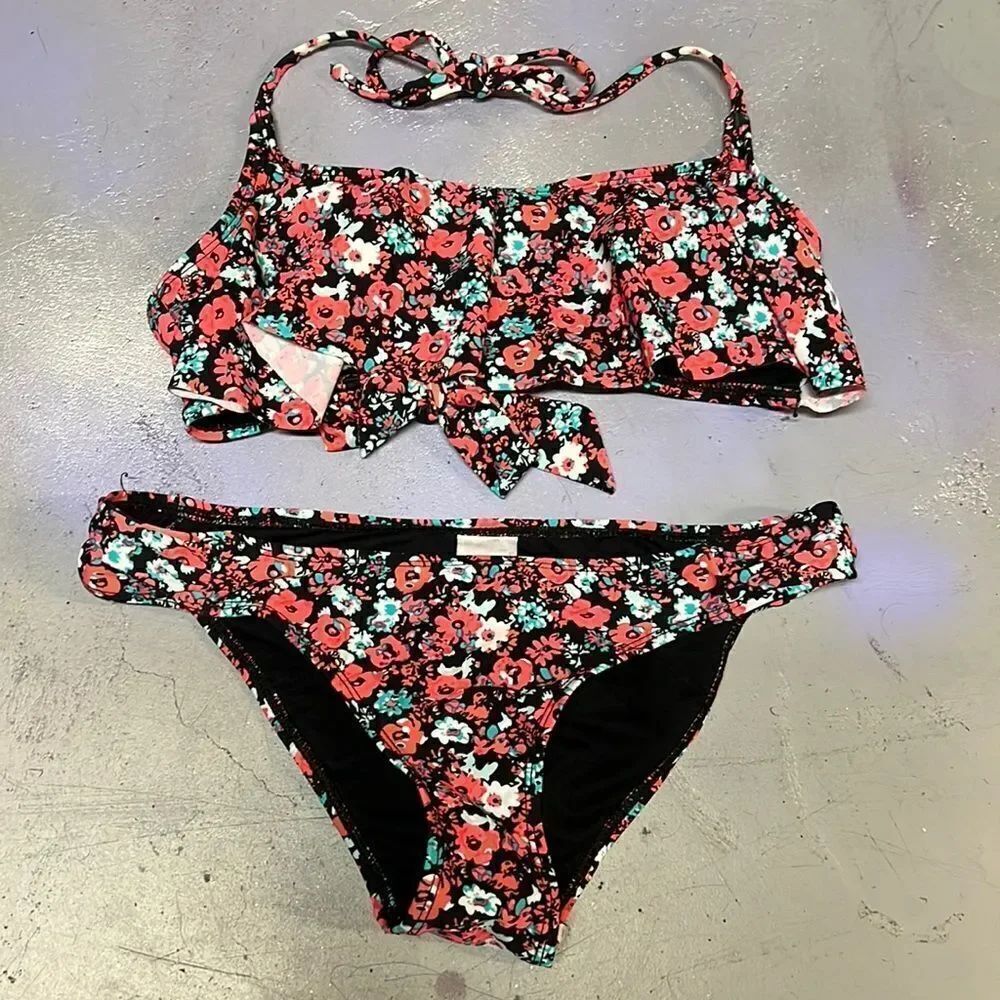 Small Black + Pink Bandeau Losan Floral Flounce Bikini